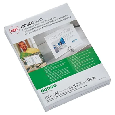 Obrázek GBC UVSafe laminovací fólie A4 150 mic, UV ochrana pro ještě lepší zachování barev, robustní kapsy v balení po 100 kusech, lesklé, průhledné, ideální do kanceláře a školy, IB611032