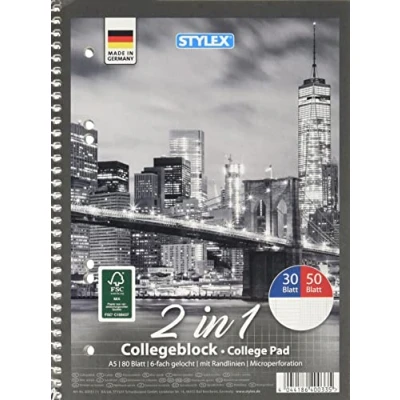 Obrázek STYLEX 40033 Duo Pro Kolleg svorkovnice, kostkovaná/linkování, 50/30 listů, A5