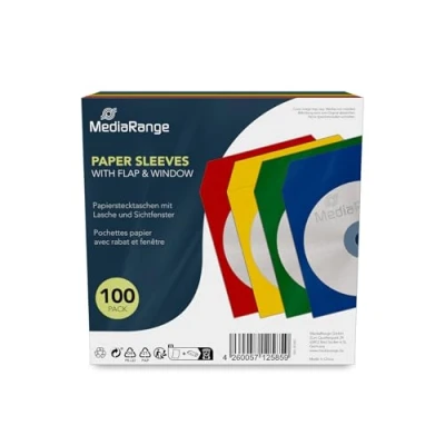 Obrázek MediaRange BOX67 Papiertaschen für 1 Disc, mit Lasche und Sichtfenster, farbig sortiert, 100er Pack