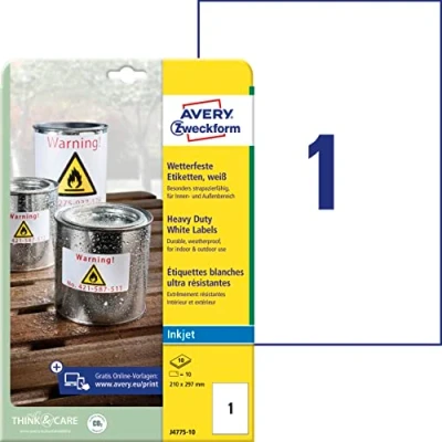 Obrázek AVERY Zweckform J4775 10 fólie odolné vůči povětrnostním vlivům (210 x 297 mm na DIN A4, inkoust, extrémně silně samolepicí, potištěná venkovní lepicí fólie) nálepek listů bílé, kusů, 210