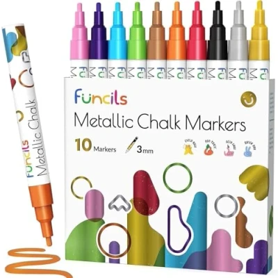 Obrázek Funcils Křídové Popisovače na tabuli omyvatelné 10 metalických tužek s 3 mm otočnou špičkou Křídová tužka okna, tabule, bílou a jako popisovače. Chalk pro dospělé děti