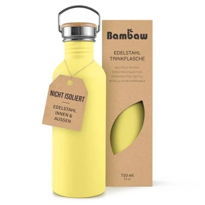 Obrázek Bambaw láhev na pití z ušlechtilé oceli, 750 ml, neizolovaná žlutá pití, vhodná do myčky nádobí, kovová láhev, voda sluneční