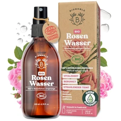 Obrázek Bionoble růžová voda Bio 200 ml hydrolát z damascenských růží 100% čistý a přírodní obličej, oční partie, tělo, vlasy skleněná láhev + sprej