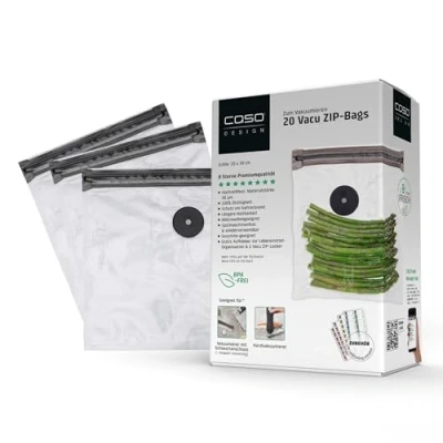 Obrázek CASO Vacu ZIP Bags 20 x 23 cm, sáčků, vhodné pro SousVide, bez BPA, s 150 μm, obzvlášť silné, odolné proti roztržení, opakovaně použitelné, vakuovačku (ručně) adaptérem ZIP, vč. Sticker