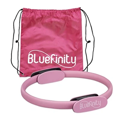 Obrázek Bluefinity Pilates prsten s cviky, dvojitá rukojeť, polstrovaný, odporový kroužek na jógu, sklolaminát, fitness kruh Ø 37 cm, růžový