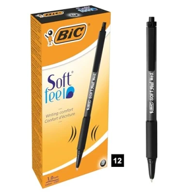 Obrázek BIC Sada kuličkových per Soft Feel Clic Grip, v černé barvě, tloušťka linky 1,0 mm, balení po 12 kusech, ideální do kanceláře, domácí kanceláře nebo školy