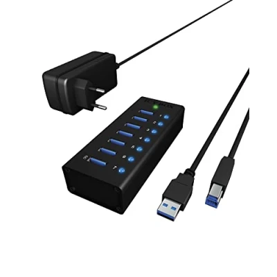 Obrázek Icy Box IB AC6701 7násobný USB 3.0 hub s integrovaným kabelem A hliníkovým krytem (vč. 5 V / 4 napájecího adaptéru), stříbrný