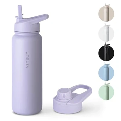 Obrázek VINSUN Láhev na pití ušlechtilá ocel fialová 750 ml brčko, otvor nepropustný, vhodný pro sycené nápoje, bez BPA termoska sport, outdoor, škola, univerzita, jízdní kolo, turistika,