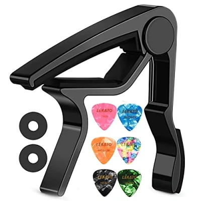 Obrázek Gitarren Kapodaster mit 6 Plektren, LEKATO Ukulelen Kapodaster, Akustik Clip, Schnellwechsel Klemme für E Gitarren, Mandoline und Banjo