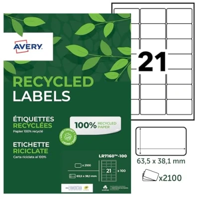 Obrázek AVERY Zweckform LR7160 100 adresní etikety (A4, 2. kusů, recyklace, 63,5 x 38,1 mm, listů) bílé