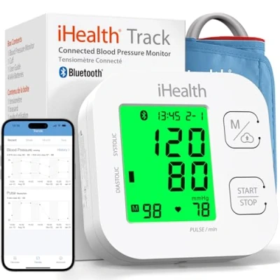 Obrázek iHealth Track propojený přístroj na měření krevního tlaku v horní části paže, s nastavitelnou univerzální manžetou pro normální až velká dospělá ramena, kompatibilní Bluetooth se zařízeními Apple a