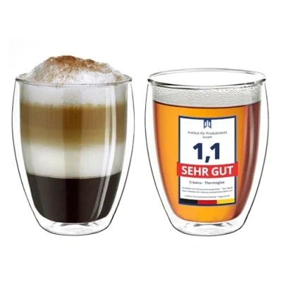 Obrázek Creano Dvoustěnná XXL termosklenice 400 ml, extra velká žáruvzdorná dvojitá stěna z borosilikátového skla, káva, čaj, sklenice na latte macchiato, sada 2 ks