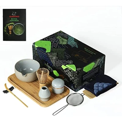 Obrázek TEANAGOO Matcha Zeremonie Set mit Tablett, Schale Ausgießer, Bambus Schneebesen, Schaufel, Sieb, Schneebesenhalter, Teepulverbehälter, O2, Dk.Grey…