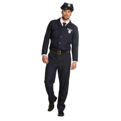 Obrázek Boland Kostým pro dospělé policisty, horní díl, kalhoty, pásek a čepice, sada, karneval, tématická party, modrá