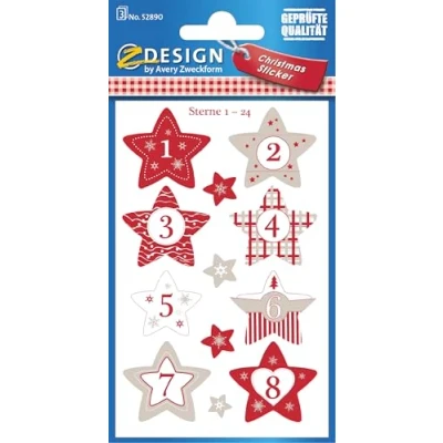 Obrázek AVERY Zweckform adventní kalendář číslice 24 hvězd (Made in Germany, nálepka Vánoce, papír, samolepicí, hvězdná čísla, kalendář, čísla č. 1 24, vánoční kalendář) 52890