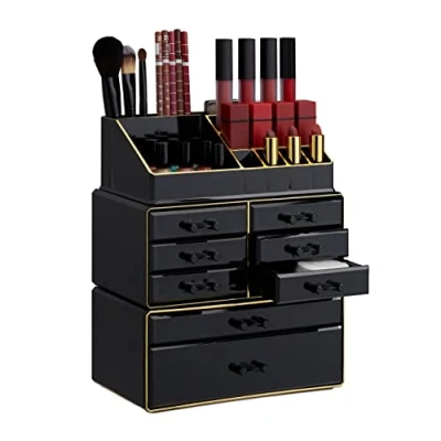 Obrázek Relaxdays Organizér na Make up se zásuvkami, stohovatelná šperkovnice Up, akryl, skladování líčidel, černo zlatá, 30 x 24 14 cm