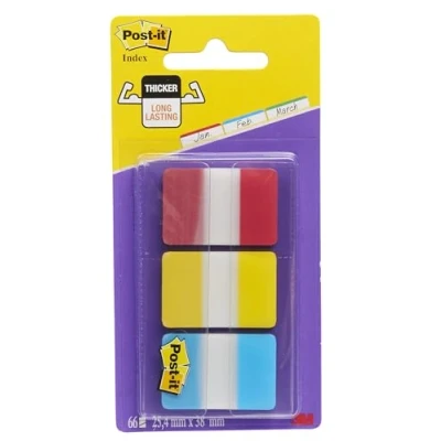 Obrázek Post it Index Strong Filing Tabs, balení s 1 dávkovačem se 3 x 22 tabletami, 25, 4 mm 38 mm, žlutá, červená, modrá extra silné lepicí pásky na dokumenty a informace
