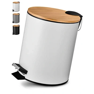 Obrázek VMbathrooms 5l kosmetický koš v ušlechtilém bílém designu Šlapací odpadkový s automatickým sklápěním (Soft Close) Elegantní kbelík do koupelny vnitřní nádobou a bambusovým dřevěným víkem