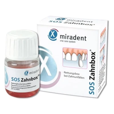 Obrázek Miradent SOS Zahnbox® Záchranný box pro vyřazené zuby a čelní trauma zubů živný roztok získává buňky replantaci hojení ztracených uložení až 48 h
