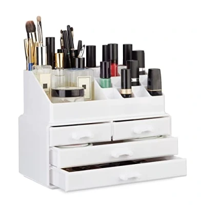 Obrázek Relaxdays organizér na make up malý, 2dílný uložení líčidel, akryl, s držákem rtěnky a 4 zásuvkami, bílý, 19 x 24 13,5 cm