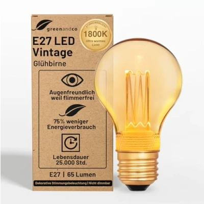 Obrázek greenandco® Vintage design LED žárovka pro náladové osvětlení E27 A60 Edison žárovka, 2 W 65 lm 1800 K zlato extra teplá bílá 320 230 V bez mihotání, nestmívatelná, roky záruka
