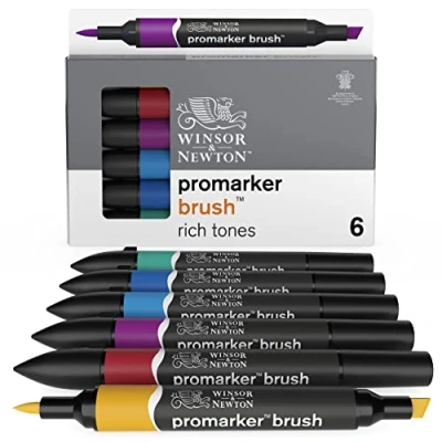 Obrázek Winsor &amp; Newton 0290126 ProMarker štětec na kreslení, kaligrafii, design a rozvržení, kreslení bez šmouh s klínovým štětcovým hrotem) sada 6 barev bohaté tóny