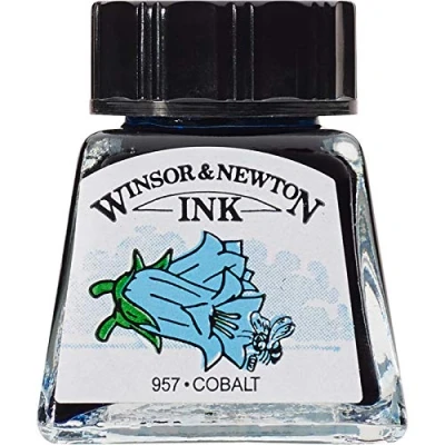 Obrázek Winsor &amp; Newton 1005176 Drawing Inks kreslicí tuš pro kaligrafy, ilustrátory, grafiky, umělce voděodolné barvy, vynikající průhlednost, láhev 14 ml kobalt