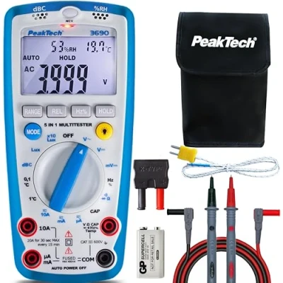 Obrázek PeakTech 3690 digitální multimetr 5 V 1, luxmetr, měřič hladiny, vlhkosti vzduchu, napětí, teploměr, ruční multimetr, zkoušečka průchodnosti, měřicí přístroj, 4000 Counts 600