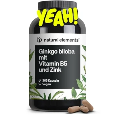 Obrázek Ginkgo biloba optimální dávkování 3750 mg v jedné kapsli (50:1 extrakt) 365 kapslí s vitaminem B5 a zinkem veganský, bez zbytečných přísad vyrobeno Německu laboratorně testováno