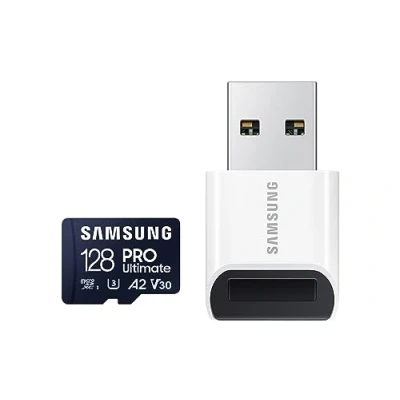 Obrázek Samsung Karta microSD pro Ultimate + USB čtečka karet, 128 GB, smartphony, drony a akční kamery, UHS I U3, čtení 200 MB/s, 130 MB/s zápis, Whi MB MY128SB/WW