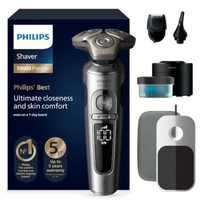 Obrázek Philips holicí strojek S9000 Prestige elektrický na mokré a suché holení, lesklý chrom, systém Lift &amp; Cut, technologie SkinIQ, styling vousů, čisticí stanice nabíjecí