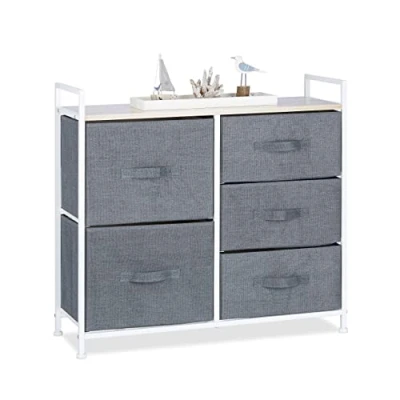 Obrázek Relaxdays Regálový systém, 5 látkových zásuvek, v x š h: 77,5 83 29 cm, univerzální zásuvkový box, kov a dřevo, šedá, design: F