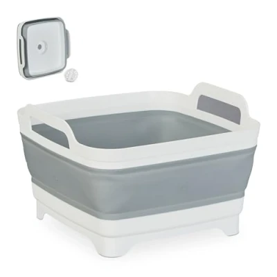 Obrázek Relaxdays Splachovací mísa s odtokem, skládací umyvadlo, 9 l, na mytí nádobí kempování, v x š h 20 31 cm, bílo šedá