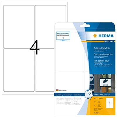 Obrázek HERMA 9534 fóliové etikety odolné proti povětrnostním vlivům, 10 listů, 99,1 x 139 mm, 4 pro arch A4, 40 kusů, samolepicí, s možností potisku, matné, prázdné venkovní lepicí nálepky z