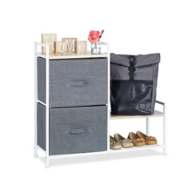 Obrázek Relaxdays Regálový systém, 2 látkové zásuvky, V x Š H: 76 84 29 cm, univerzální zásuvkový box, kov a dřevo, šedá