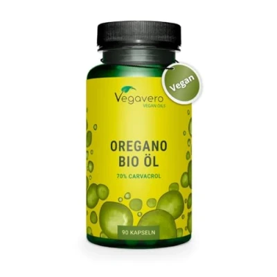 Obrázek bio oregano olej PREMIUM: 90 mg karvacrol s 2,75% thymolu 129 čistého oleje v jedné kapsli laboratorně testováno veganský a bez přísad německá výroba Vegavero®