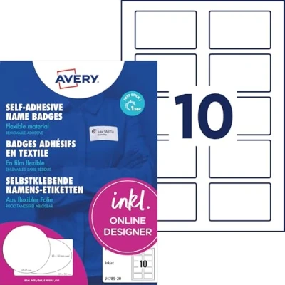Obrázek AVERY Zweckform J4785 20 jmenovky (200 nálepek se jménem, 80 x 50 mm na A4, samolepicí, potištěné textilní etikety pro inkoustové tiskárny, beze zbytku odstranitelné) listů, bílé