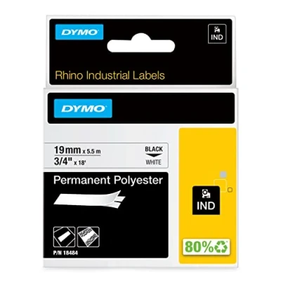 Obrázek DYMO Rhino Industrie permanentní polyesterové etikety 19 mm x 5,5 m černé na bílé samolepicí páska pro popisovací zařízení a LabelManager