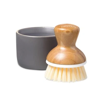 Obrázek Full Circle Bubble Up kartáč na mytí nádobí z bambusu a keramické misky s pružinou pro napěnění mycího prostředku ergonomickou rukojetí sada kartáčem keramickým držákem