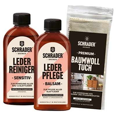 Obrázek Sada pro péči o kůži Schrader čistič, balzám a lešticí hadřík barevně neutrální kožený nábytek kožené oblečení 3dílná Made in Germany