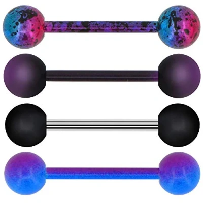 Obrázek OUFER 4 ks 14G 316L ušlechtilá ocel Purple Black Splatter Tongue Barbell Piercing Jewellerypiercing do jazyka chirurgická jazyk Bars, Nerezová