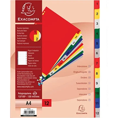 Obrázek Exacompta 1512E plastový rejstřík 1 12 pro DIN A4 z trvanlivého plastu 12dílná plná výška 21 x 29,7 cm bílá s potištěnými, pestrými tabulemi univerzální děrování indexovou stranou vlastní tvorbu