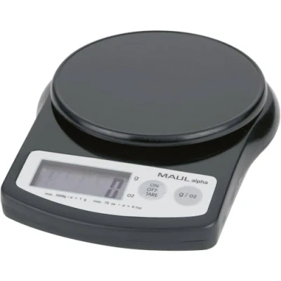 Obrázek MAUL Dopisní váha MAULalpha 18,8 x 14,1 3,7 cm Stabilní do 2 kg velká plocha vážení Ø 12,4 automatická nulová poloha a automatické vypínání včetně baterií černá