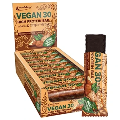 Obrázek IronMaxx Vegan 30 Proteinriegel Almond Cookie Flavour 24 x 35g Veganer High Protein Eiweißriegel zuckerarm, sojafrei und palmölfrei