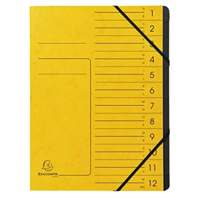 Obrázek Exacompta 541209E Premium Ordnungsmappe geheftet. Aus extra starkem Colorspan Karton DIN A4 12 schwarze Fächer und 2 Gummizüge mit Organisationsdruck Ringmappe Register Mappe gelb