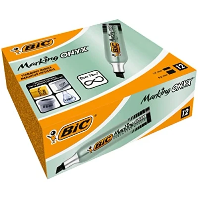 Obrázek BIC Značkovací onyx permanentní popisovač, vodotěsné pero, v černé barvě, balení 12 ks, s klínovým hrotem, tloušťka čáry: 2,7 mm až 6,2 mm, rychleschnoucí