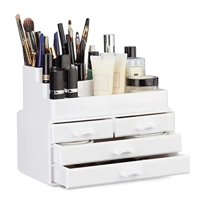 Obrázek Relaxdays Organizér na make up se 4 zásuvkami, držák kosmetiku pro lak nehty a rtěnku, sada z akrylu, bílá, 14 x 23,5 19 cm