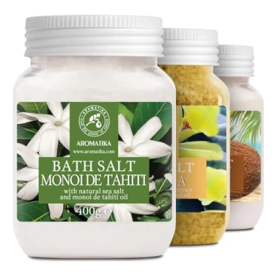 Obrázek Mořská koupelová sůl sada 3 x 400 g Monoi de Tahiti vanilka kokos s éterickými oleji aromaterapie Vana Péče o tělo pro dobrý spánek Dobrá nálada vůně do koupele přísada