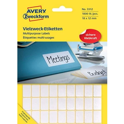 Obrázek Avery Zweckform 3312 etikety pro domácnost samolepicí (18 x 12 mm, 1 800 nálepek na 25 arších, univerzální domácnost, školu a kancelář k popisování označování) prázdné, bílé