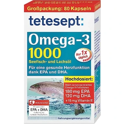 Obrázek tetesept Omega 3 1000 kapsle z mořských ryb a lososového oleje vysoce koncentrované mastné kyseliny DHA, EPA vitamin E doplněk stravy na podporu kardiovaskulárního systému 80 kusů